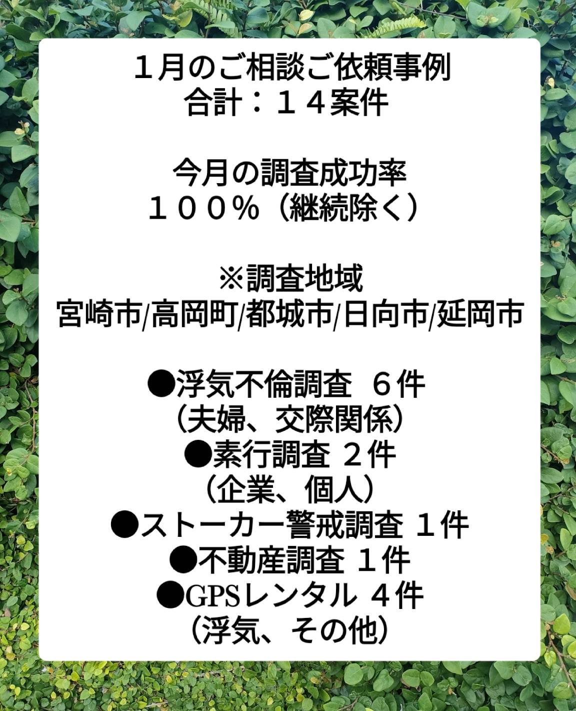 宮崎の浮気不倫調査探偵社ブログ　1月の調査ご依頼事例