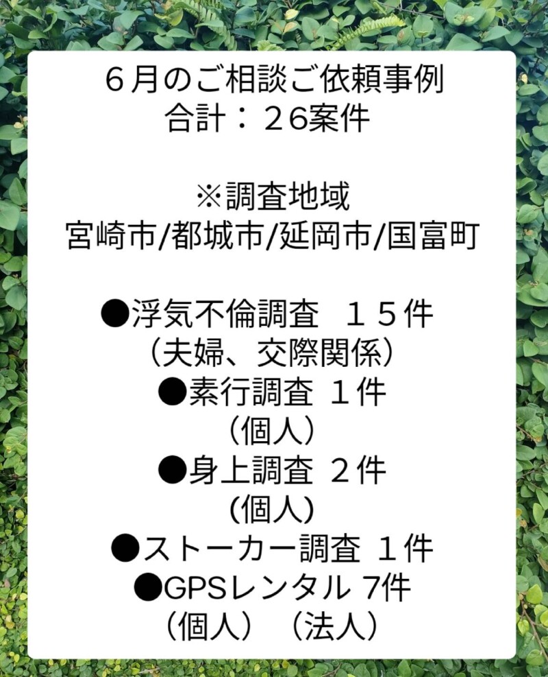 宮崎市浮気不倫調査 探偵社ブログ 6月の調査案件