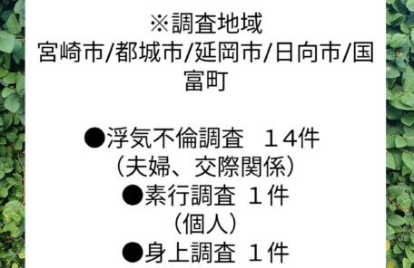 宮崎市浮気不倫調査 探偵社ブログ 6月の調査案件