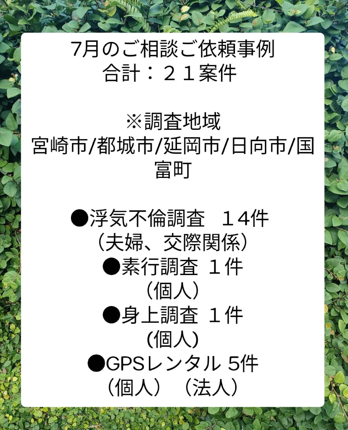 宮崎市浮気不倫調査 探偵社ブログ 6月の調査案件