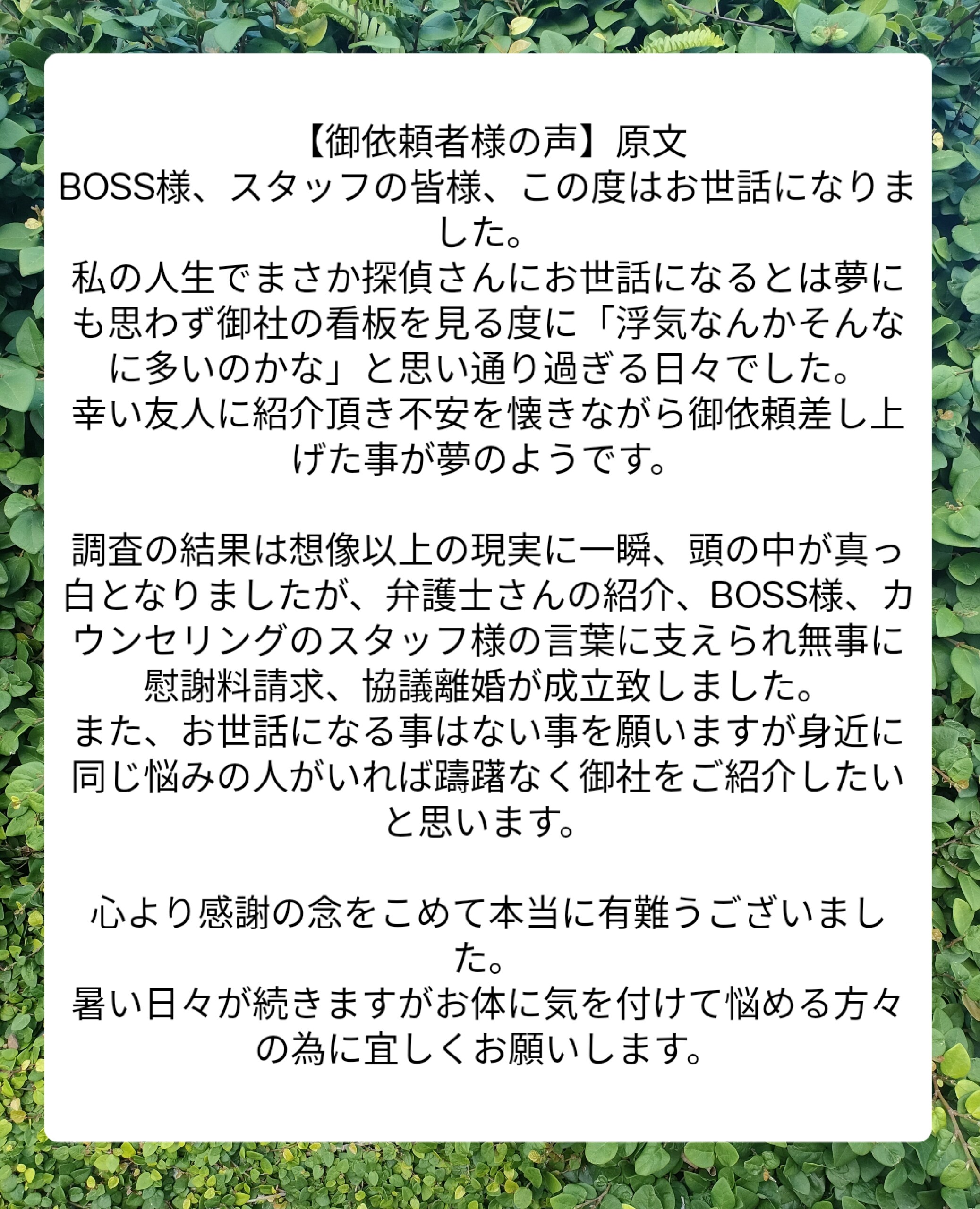 宮崎市浮気不倫調査探偵社ブログ 御依頼者様の声