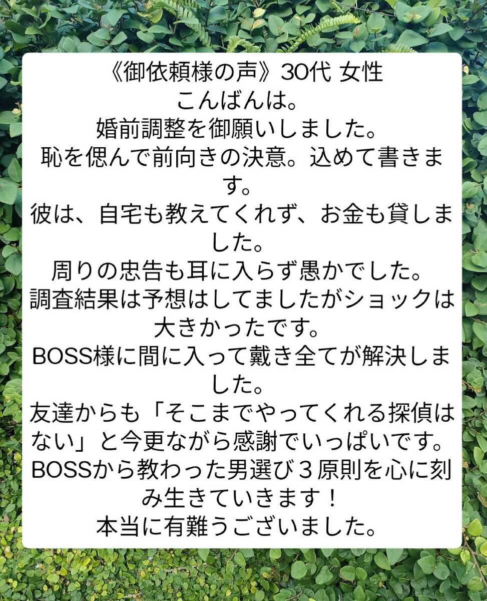 宮崎市浮気不倫調査探偵社ブログ 御依頼者様の声　30代 女性