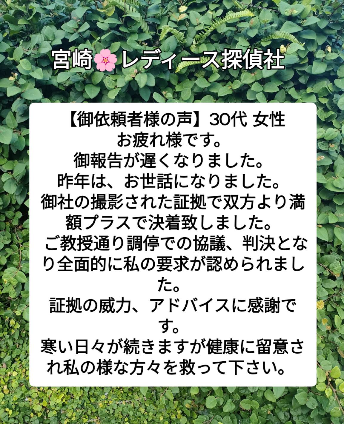 宮崎市 浮気不倫調査探偵社 御依頼者様の声