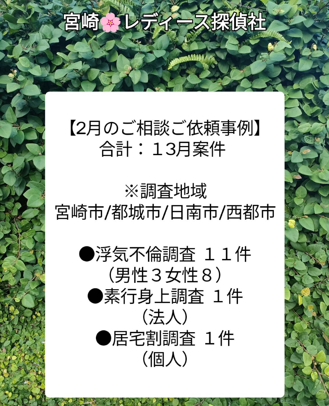 宮崎市浮気不倫調査 宮崎市探偵社ブログ［2月調査案件］