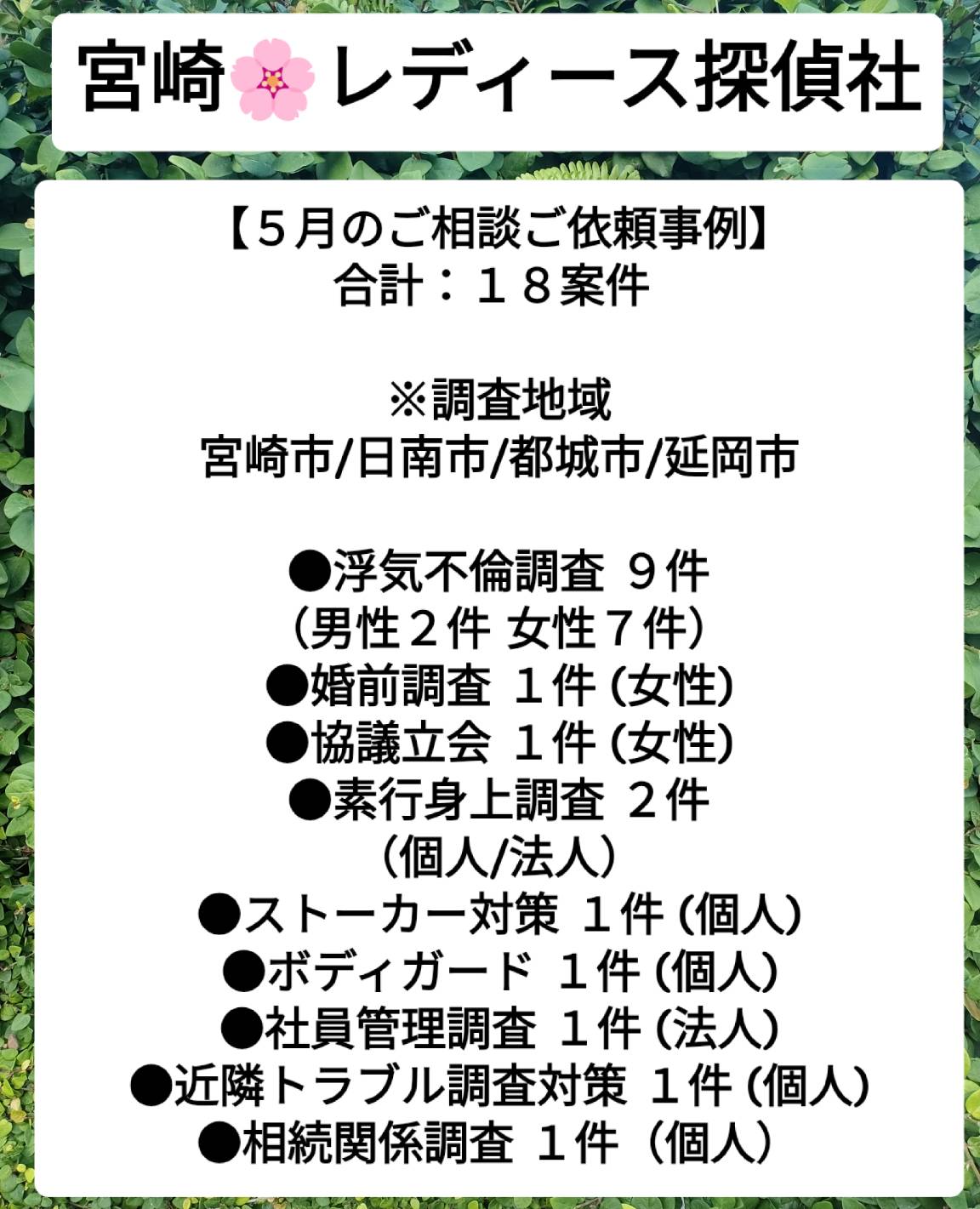 宮崎市浮気不倫調査 宮崎市探偵社ブログ 【５月のご相談ご依頼事例】